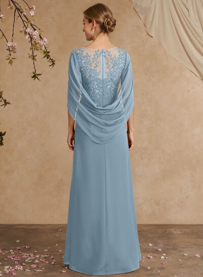 A-Line Illusion Neck Cape Sleeves Floor-Length Chiffon Mother Of The Bride Dresses With Appliques Lace