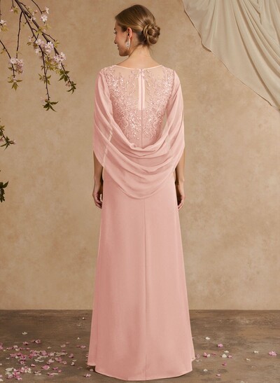 A-Line Illusion Neck Cape Sleeves Floor-Length Chiffon Mother Of The Bride Dresses With Appliques Lace
