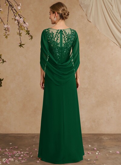 A-Line Illusion Neck Cape Sleeves Floor-Length Chiffon Mother Of The Bride Dresses With Appliques Lace