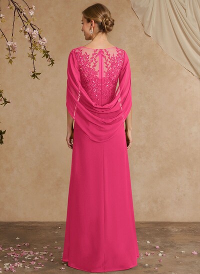 A-Line Illusion Neck Cape Sleeves Floor-Length Chiffon Mother Of The Bride Dresses With Appliques Lace