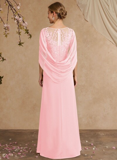 A-Line Illusion Neck Cape Sleeves Floor-Length Chiffon Mother Of The Bride Dresses With Appliques Lace