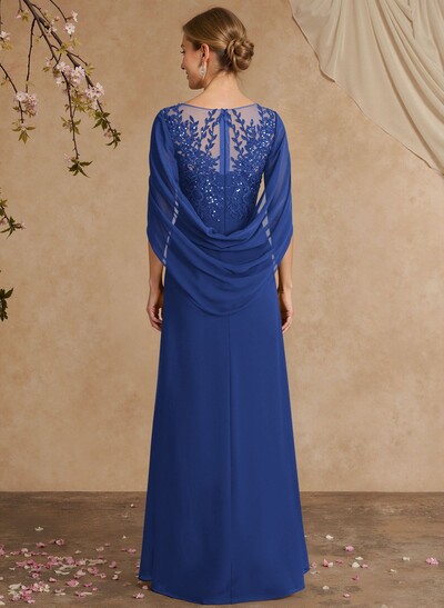 A-Line Illusion Neck Cape Sleeves Floor-Length Chiffon Mother Of The Bride Dresses With Appliques Lace