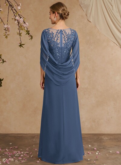 A-Line Illusion Neck Cape Sleeves Floor-Length Chiffon Mother Of The Bride Dresses With Appliques Lace