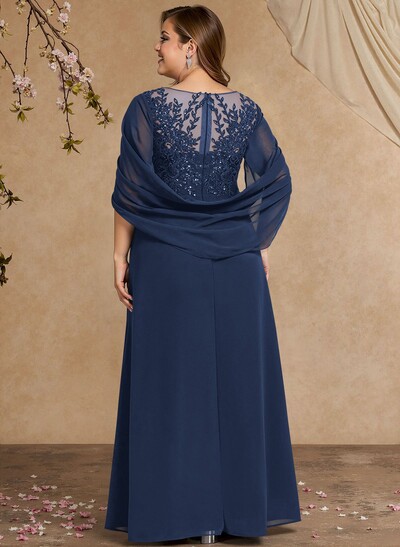A-Line Illusion Neck Cape Sleeves Floor-Length Chiffon Mother Of The Bride Dresses With Appliques Lace