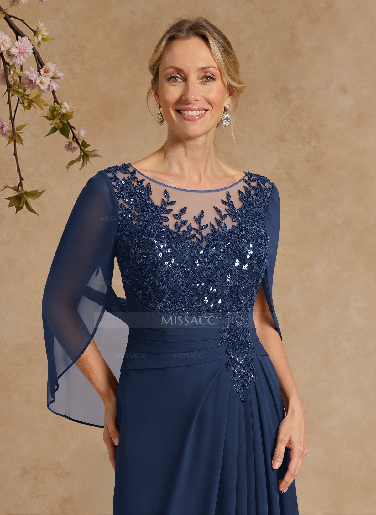 A-Line Illusion Neck Cape Sleeves Floor-Length Chiffon Mother Of The Bride Dresses With Appliques Lace