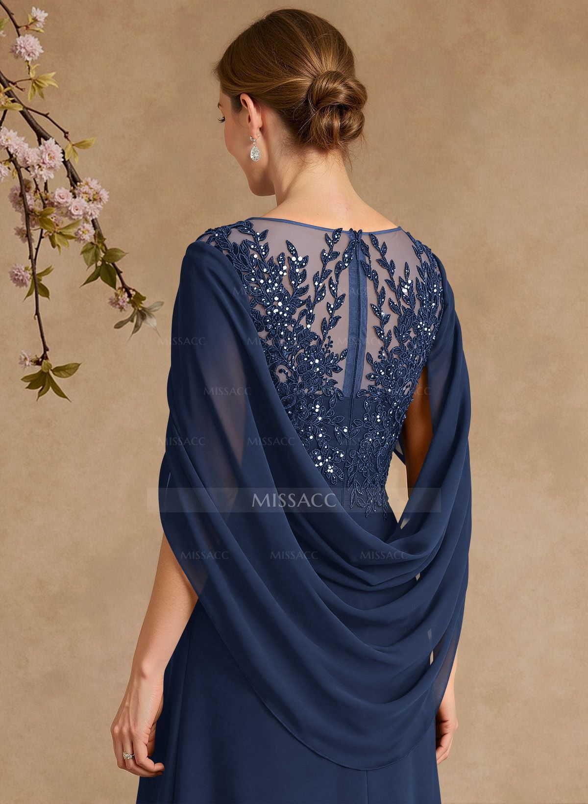 A-Line Illusion Neck Cape Sleeves Floor-Length Chiffon Mother Of The Bride Dresses With Appliques Lace