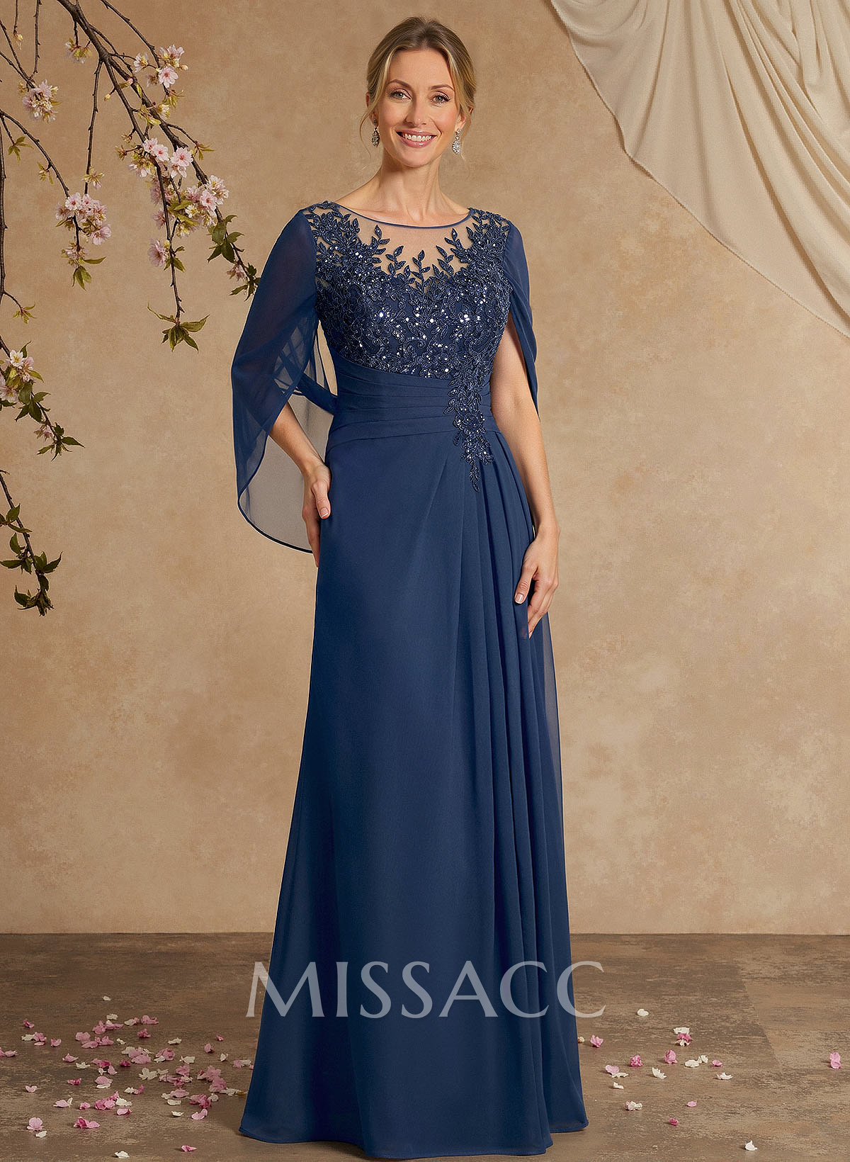 A-Line Illusion Neck Cape Sleeves Floor-Length Chiffon Mother Of The Bride Dresses With Appliques Lace A-Line Illusion Neck Cape Sleeves Floor-Length Chiffon Mother Of The Bride Dresses With Appliques Lace