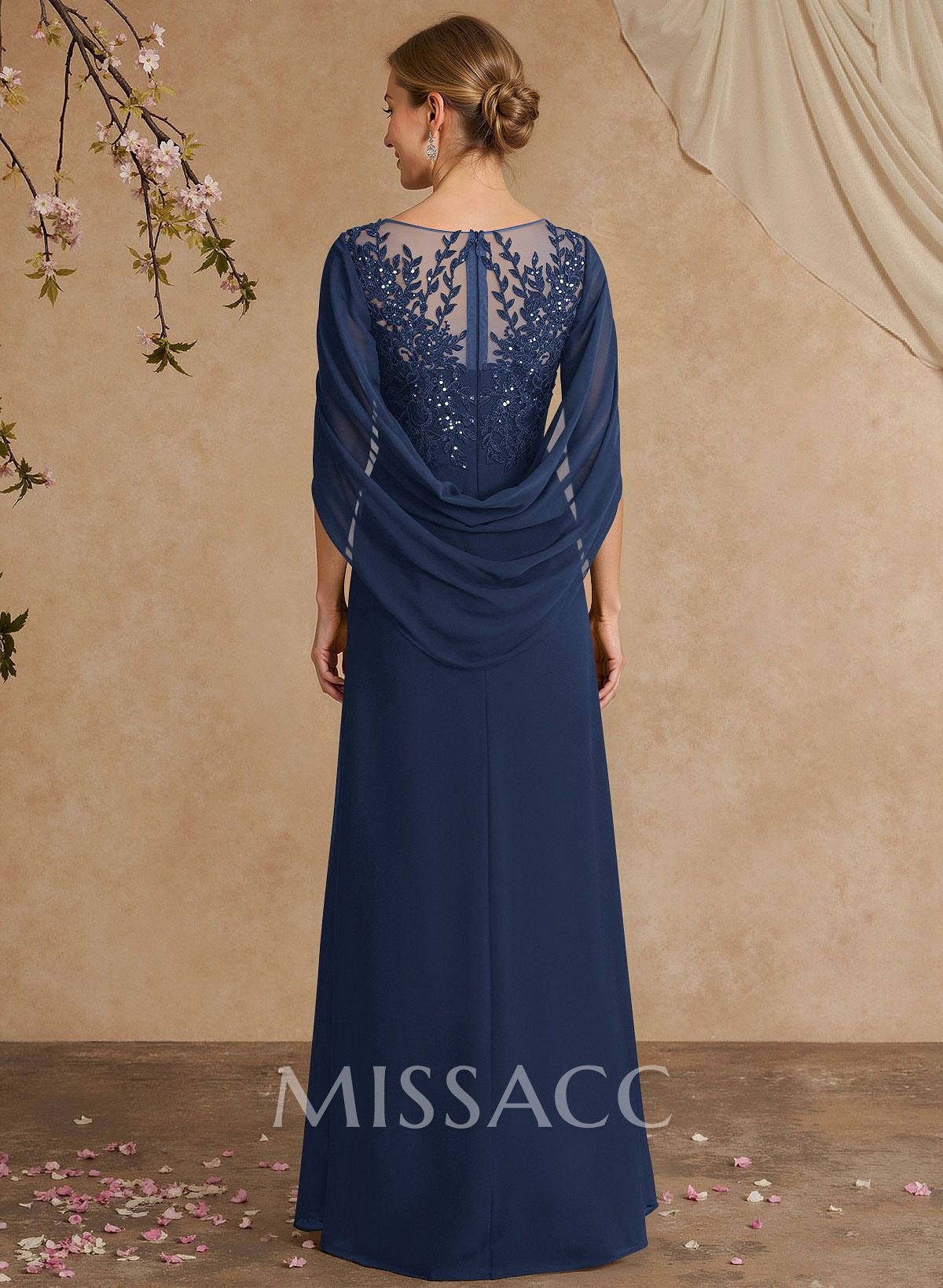 A-Line Illusion Neck Cape Sleeves Floor-Length Chiffon Mother Of The Bride Dresses With Appliques Lace A-Line Illusion Neck Cape Sleeves Floor-Length Chiffon Mother Of The Bride Dresses With Appliques Lace