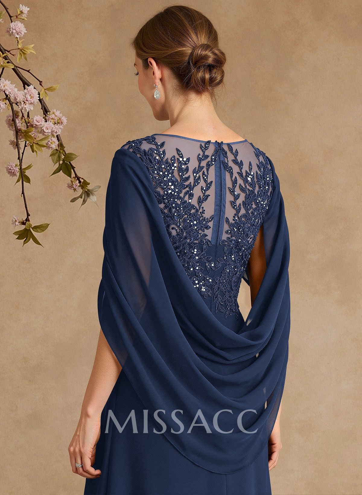 A-Line Illusion Neck Cape Sleeves Floor-Length Chiffon Mother Of The Bride Dresses With Appliques Lace A-Line Illusion Neck Cape Sleeves Floor-Length Chiffon Mother Of The Bride Dresses With Appliques Lace