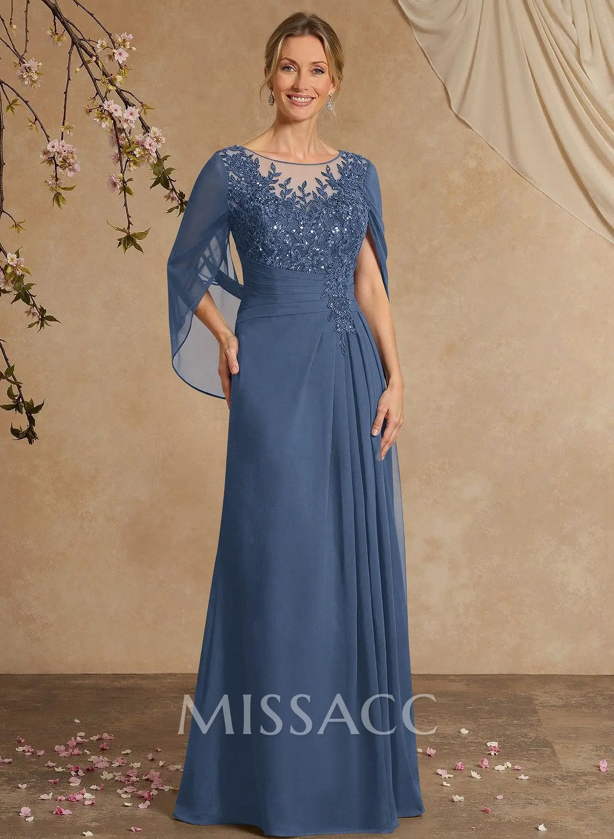 A-Line Illusion Neck Cape Sleeves Floor-Length Chiffon Mother Of The Bride Dresses With Appliques Lace #SMBD11751