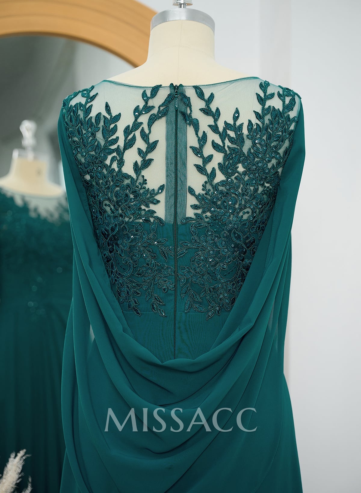 A-Line Illusion Neck Cape Sleeves Floor-Length Chiffon Mother Of The Bride Dresses With Appliques Lace A-Line Illusion Neck Cape Sleeves Floor-Length Chiffon Mother Of The Bride Dresses With Appliques Lace