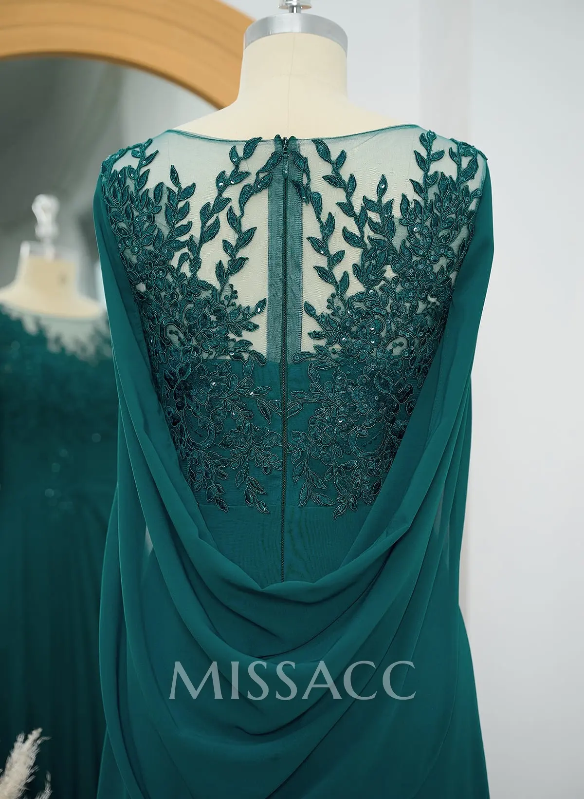 A-Line Illusion Neck Cape Sleeves Floor-Length Chiffon Mother Of The Bride Dresses With Appliques Lace - Missacc A-Line Illusion Neck Cape Sleeves Floor-Length Chiffon Mother Of The Bride Dresses With Appliques Lace - Missacc