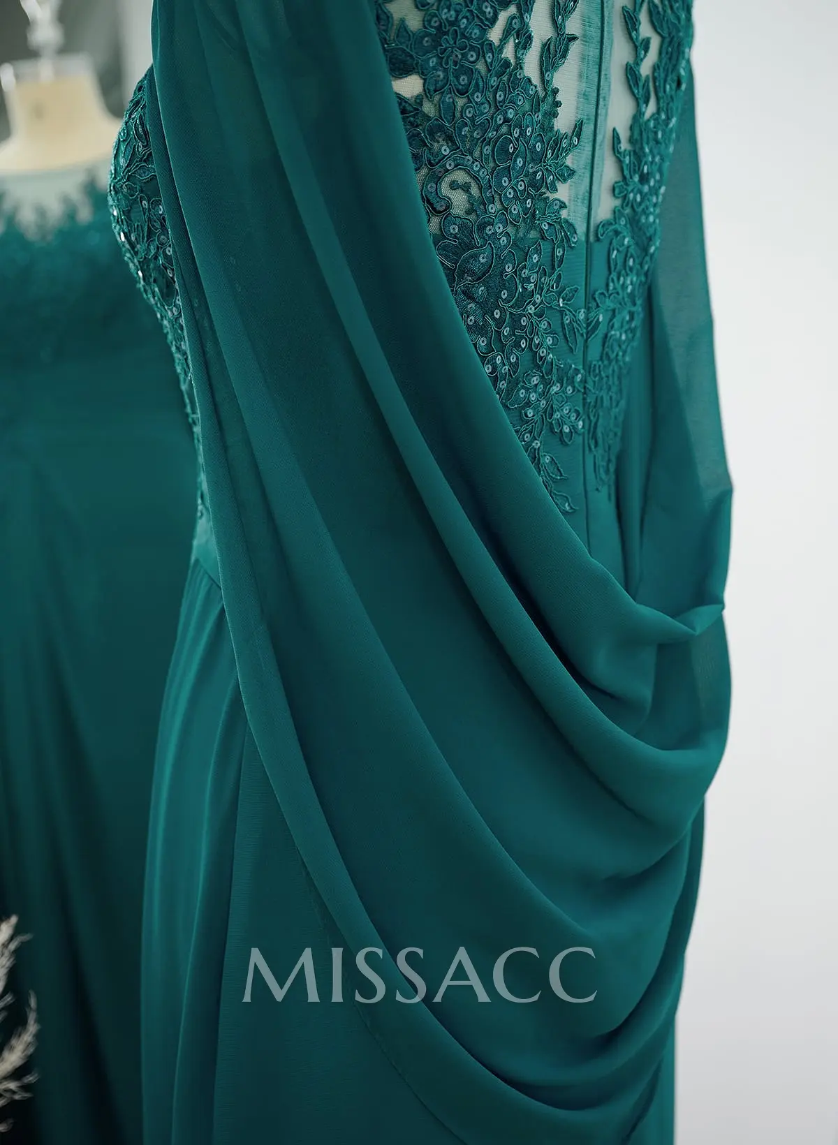 A-Line Illusion Neck Cape Sleeves Floor-Length Chiffon Mother Of The Bride  Dresses With Appliques Lace - Missacc