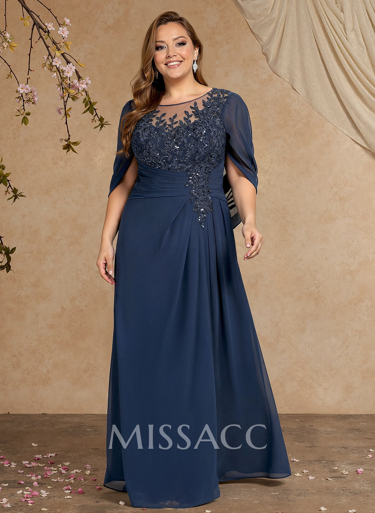 A-Line Illusion Neck Cape Sleeves Floor-Length Chiffon Mother Of The Bride Dresses With Appliques Lace A-Line Illusion Neck Cape Sleeves Floor-Length Chiffon Mother Of The Bride Dresses With Appliques Lace