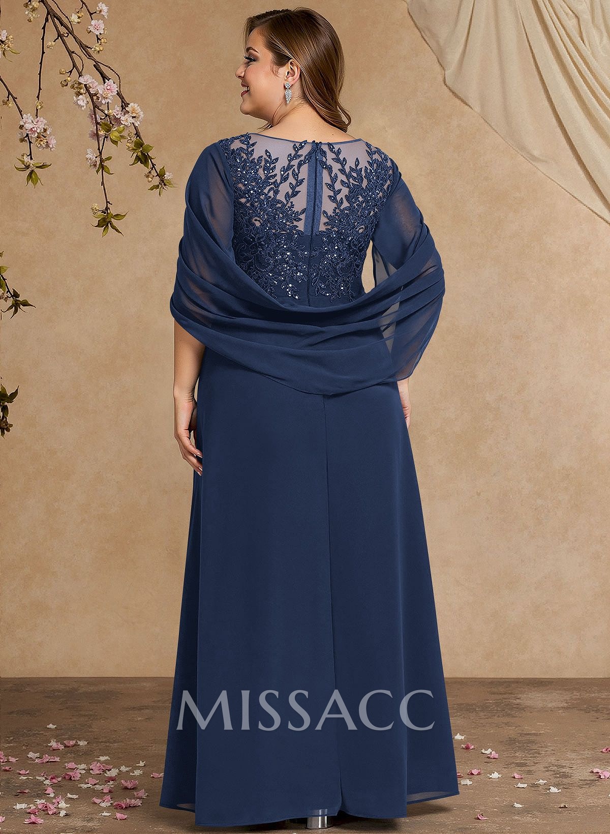 A-Line Illusion Neck Cape Sleeves Floor-Length Chiffon Mother Of The Bride Dresses With Appliques Lace A-Line Illusion Neck Cape Sleeves Floor-Length Chiffon Mother Of The Bride Dresses With Appliques Lace