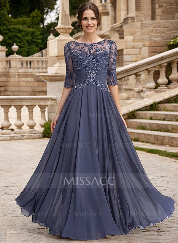 A-Line Illusion Neck Chiffon Mother Of The Bride Dresses With Appliques Lace