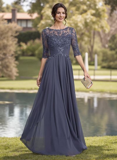 A-Line Illusion Neck Chiffon Mother Of The Bride Dresses With Appliques Lace