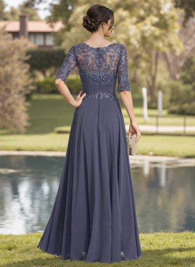 A-Line Illusion Neck Chiffon Mother Of The Bride Dresses With Appliques Lace