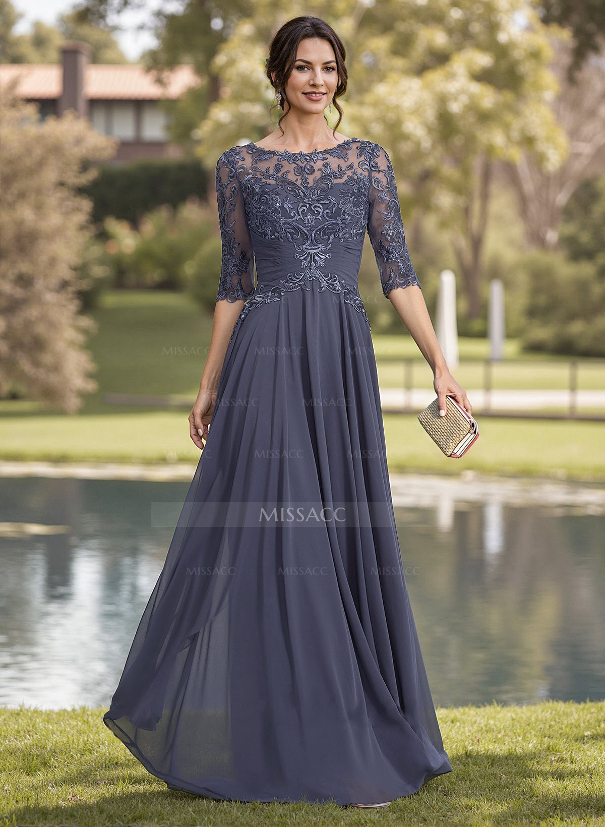 A-Line Illusion Neck Chiffon Mother Of The Bride Dresses With Appliques Lace