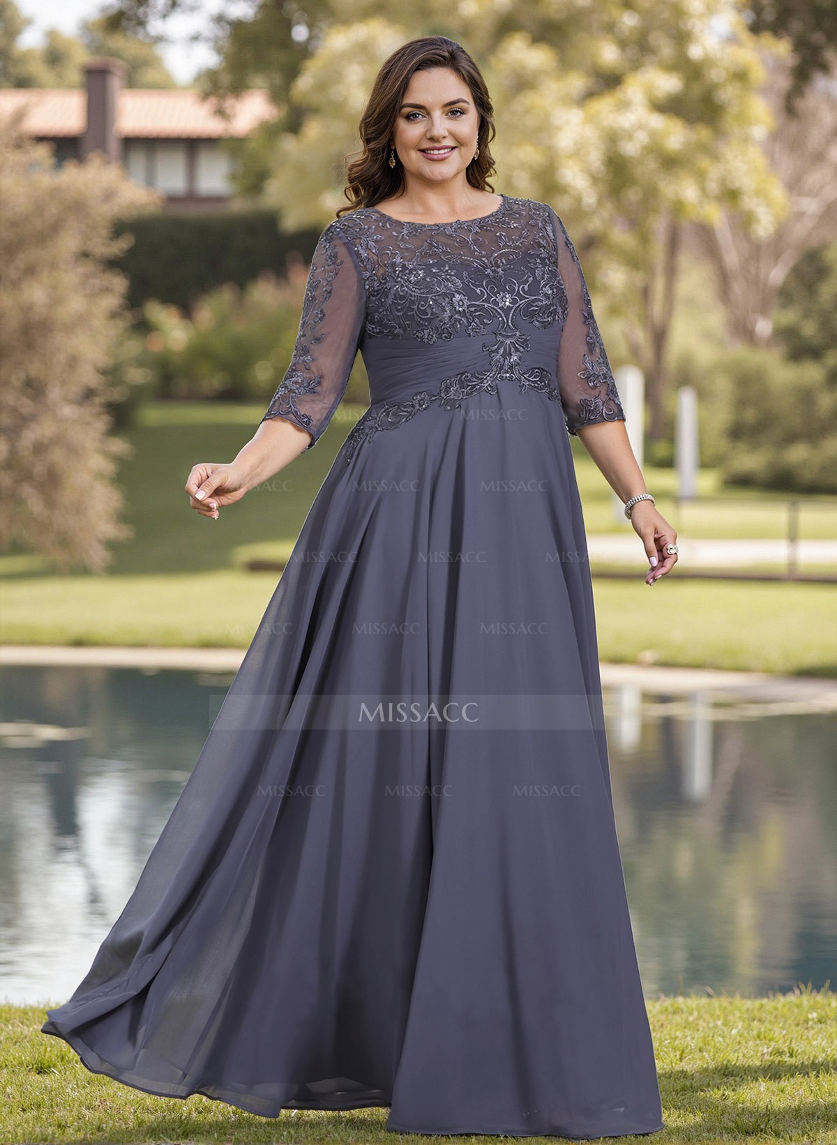 A-Line Illusion Neck Chiffon Mother Of The Bride Dresses With Appliques Lace