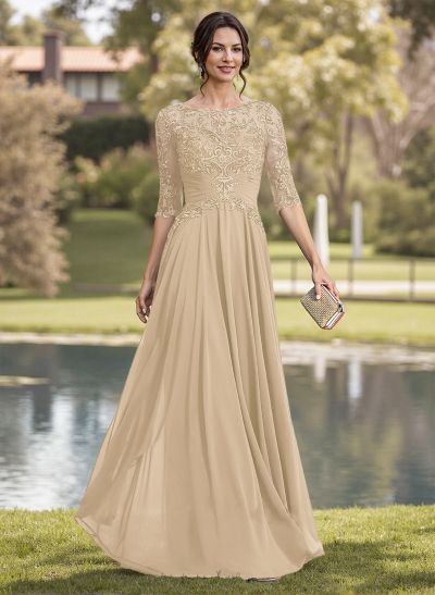 A-Line Illusion Neck Chiffon Mother Of The Bride Dresses With Appliques Lace