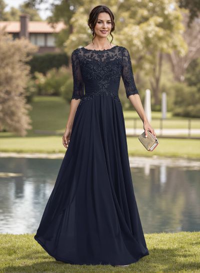 A-Line Illusion Neck Chiffon Mother Of The Bride Dresses With Appliques Lace