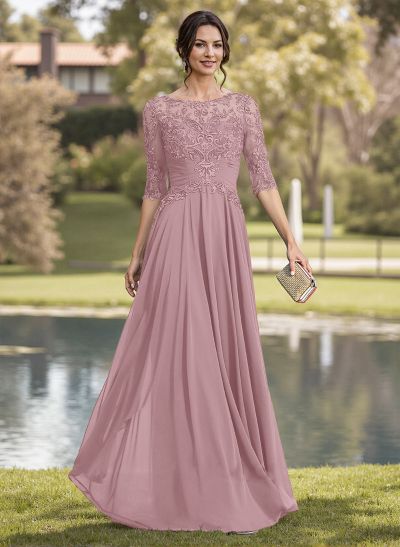 A-Line Illusion Neck Chiffon Mother Of The Bride Dresses With Appliques Lace