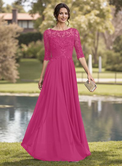 A-Line Illusion Neck Chiffon Mother Of The Bride Dresses With Appliques Lace