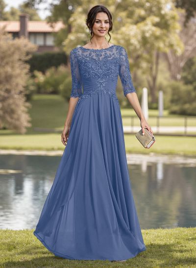 A-Line Illusion Neck Chiffon Mother Of The Bride Dresses With Appliques Lace