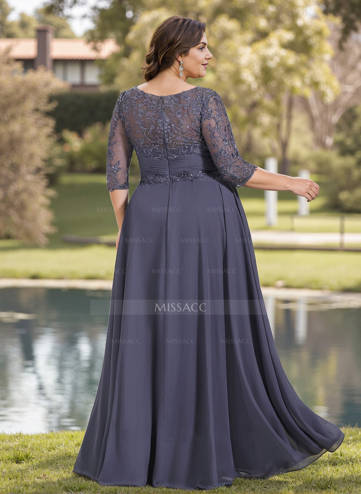 A-Line Illusion Neck Chiffon Mother Of The Bride Dresses With Appliques Lace