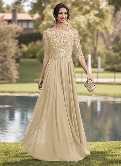 A-Line Illusion Neck Chiffon Mother Of The Bride Dresses With Appliques Lace