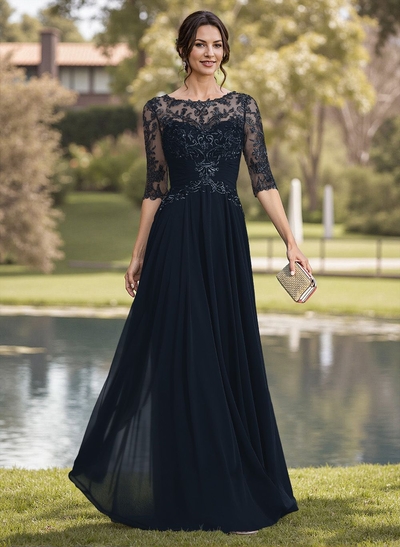 A-Line Illusion Neck Chiffon Mother Of The Bride Dresses With Appliques Lace