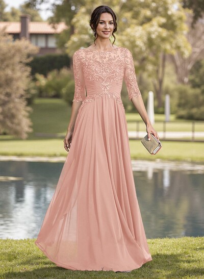 A-Line Illusion Neck Chiffon Mother Of The Bride Dresses With Appliques Lace
