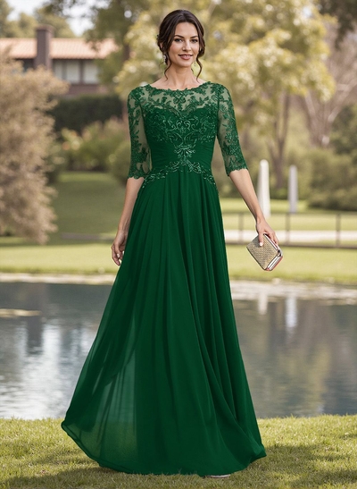 A-Line Illusion Neck Chiffon Mother Of The Bride Dresses With Appliques Lace