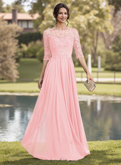 A-Line Illusion Neck Chiffon Mother Of The Bride Dresses With Appliques Lace