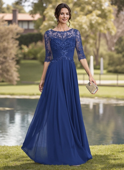 A-Line Illusion Neck Chiffon Mother Of The Bride Dresses With Appliques Lace