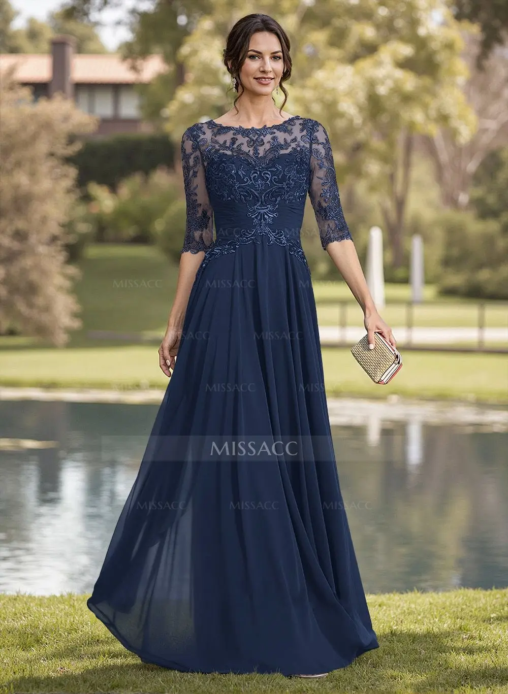 A-Line Illusion Neck Chiffon Mother Of The Bride Dresses With Appliques Lace  $149