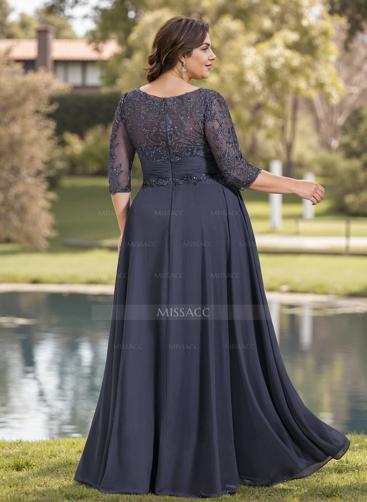 A-Line Illusion Neck Chiffon Mother Of The Bride Dresses With Appliques Lace