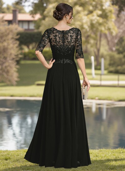 A-Line Illusion Neck Chiffon Mother Of The Bride Dresses With Appliques Lace