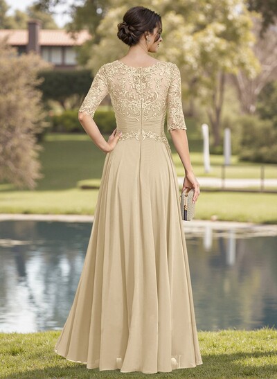 A-Line Illusion Neck Chiffon Mother Of The Bride Dresses With Appliques Lace