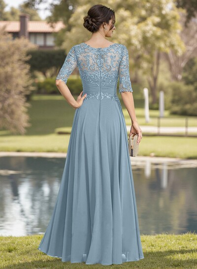 A-Line Illusion Neck Chiffon Mother Of The Bride Dresses With Appliques Lace