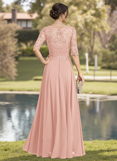 A-Line Illusion Neck Chiffon Mother Of The Bride Dresses With Appliques Lace