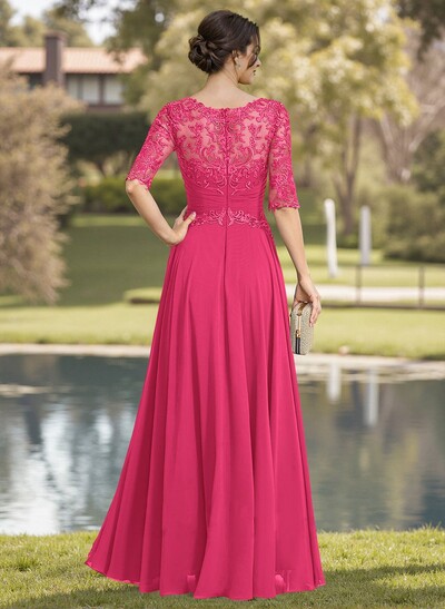 A-Line Illusion Neck Chiffon Mother Of The Bride Dresses With Appliques Lace