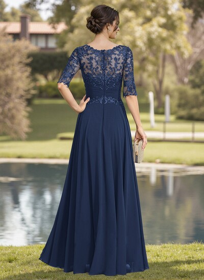 A-Line Illusion Neck Chiffon Mother Of The Bride Dresses With Appliques Lace