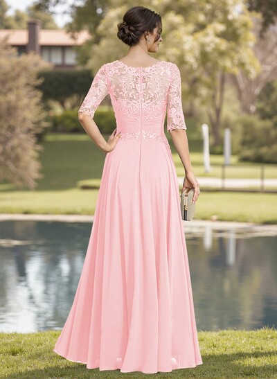 A-Line Illusion Neck Chiffon Mother Of The Bride Dresses With Appliques Lace