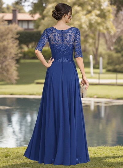A-Line Illusion Neck Chiffon Mother Of The Bride Dresses With Appliques Lace