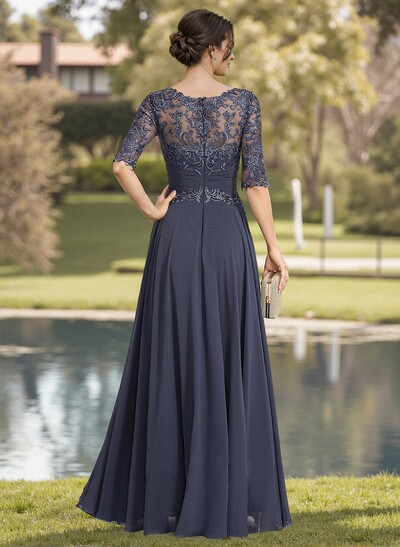 A-Line Illusion Neck Chiffon Mother Of The Bride Dresses With Appliques Lace
