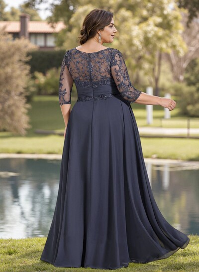 A-Line Illusion Neck Chiffon Mother Of The Bride Dresses With Appliques Lace
