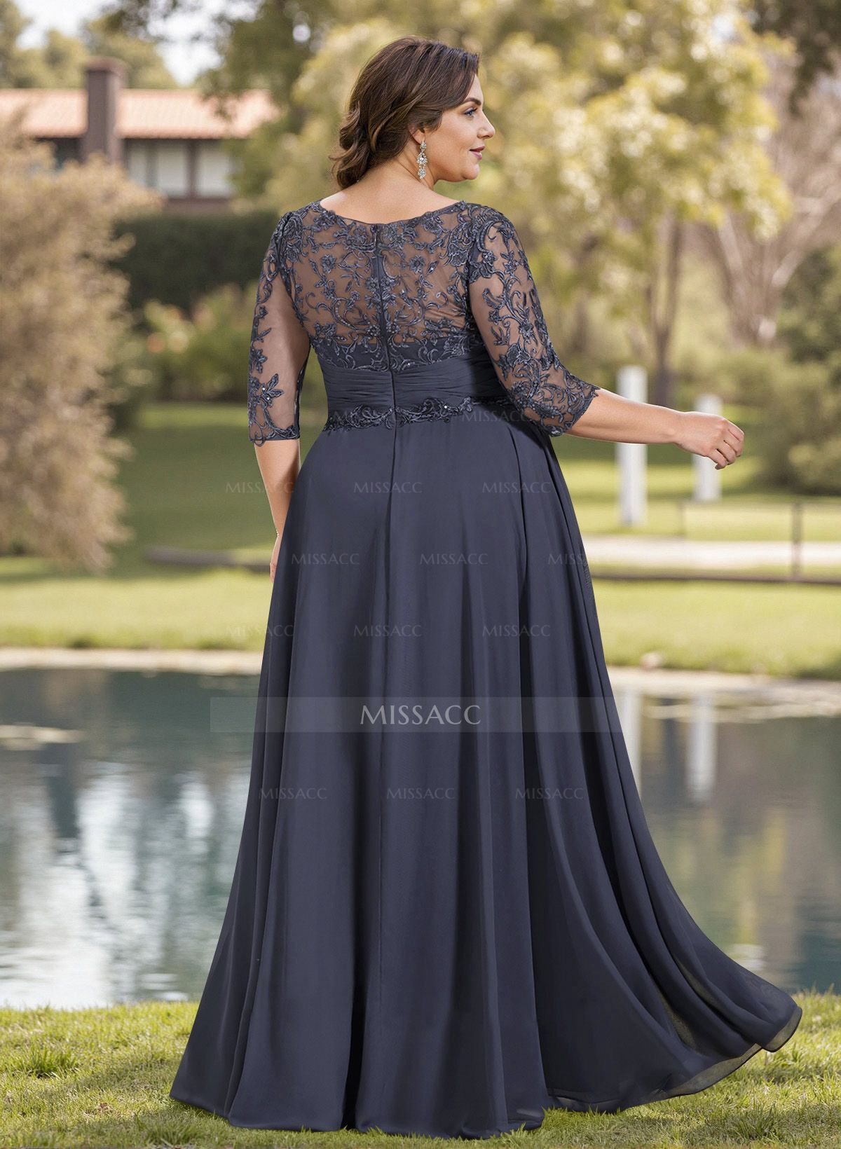 A-Line Illusion Neck Chiffon Mother Of The Bride Dresses With Appliques Lace
