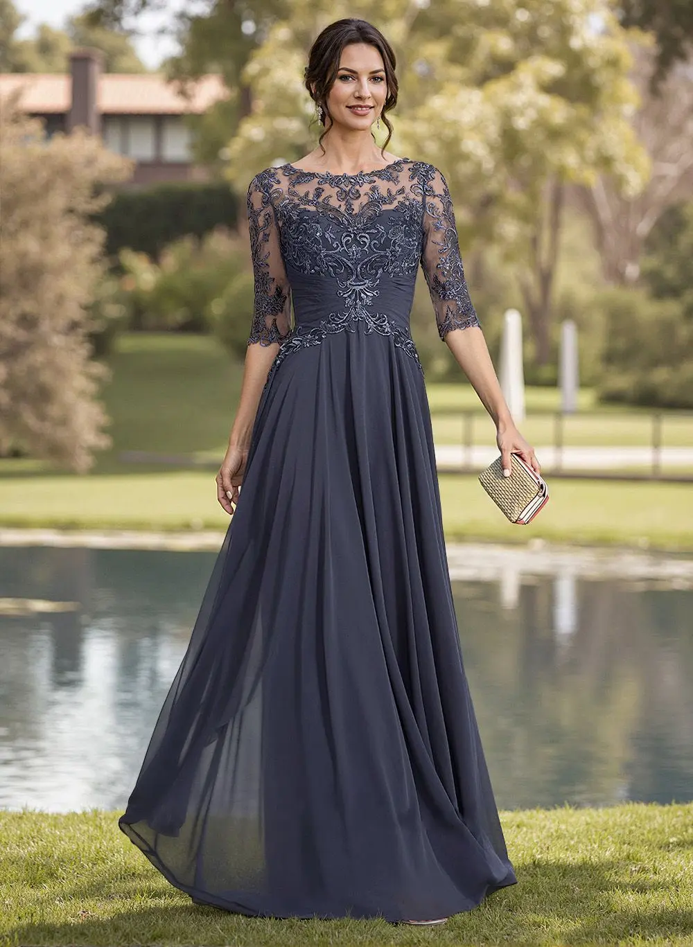 A-Line Illusion Neck Chiffon Mother Of The Bride Dresses With Appliques Lace